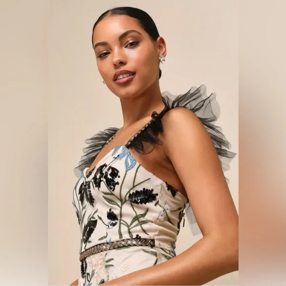 Lulu's Black and Blue Floral Midi Dress - Picture 3 of 4